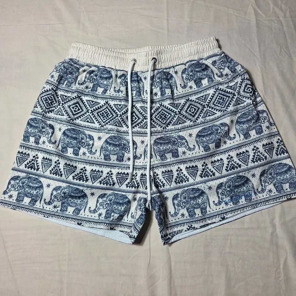 YoungLA 150 After Party Mesh Shorts Tribal Elephant Ivory Navy - Size Medium NWT